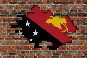 3D Flag of Papua New Guinea behind the broken old stone wall background. photo