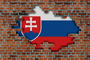 3D Flag of Slovakia behind the broken old stone wall background. photo