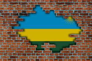3D Flag of Rwanda behind the broken old stone wall background. photo