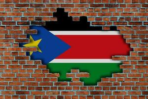 3D Flag of South Sudan behind the broken old stone wall background. photo