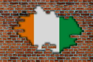 3D Flag of Ivory Coast behind the broken old stone wall background. photo