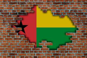 3D Flag of Guinea-Bissau behind the broken old stone wall background. photo