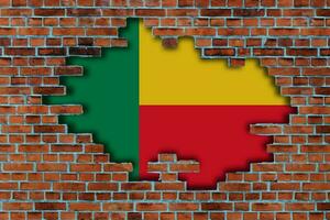 3D Flag of Benin behind the broken old stone wall background. photo