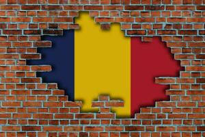 3D Flag of Chad behind the broken old stone wall background. photo