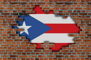 3D Flag of Puerto Rico behind the broken old stone wall background. photo