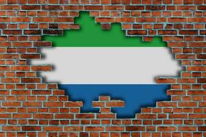 3D Flag of Sierra Leone behind the broken old stone wall background. photo