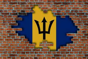 3D Flag of Barbados behind the broken old stone wall background. photo