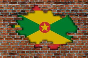 3D Flag of Grenada behind the broken old stone wall background. photo