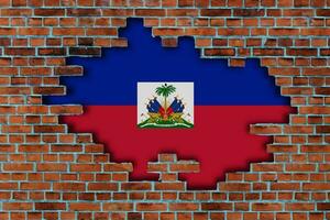 3D Flag of Haiti behind the broken old stone wall background. photo