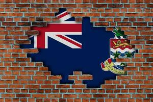 3D Flag of Cayman Islands behind the broken old stone wall background. photo