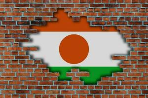 3D Flag of Niger behind the broken old stone wall background. photo