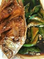 Fried fish with grilled eggplant photo