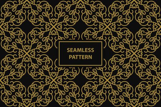 seamless pattern with floral ornaments in gold color on a black background, vector seamles pattern
