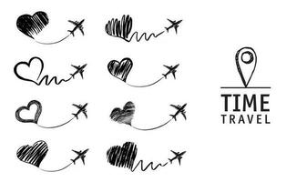 viaje en el tiempo. el avión dibujó un corazón. ilustraciones dibujadas a mano. vector