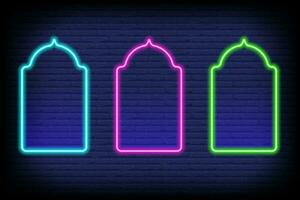 Ramadan islamic frame. Vector neon arch shape on dark background. Muslim door and window. Arabian bright template set.