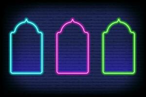 Ramadan islamic frame. Vector neon arch shape on dark background. Muslim door and window. Arabian bright template set.