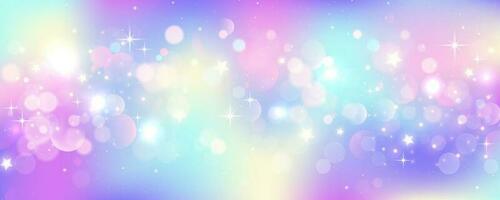 Rainbow unicorn background. Pastel glitter pink fantasy galaxy. Magic mermaid sky with bokeh. Holographic kawaii abstract space with stars and sparkles. Vector