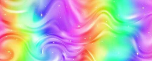 Rainbow background with waves of fluid. Abstract pastel gradient wallpaper with bright vibrant colors and stars. Vector unicorn holographic backdrop.