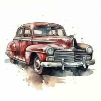 Old retro car. Watercolor illustration in sketch style. Car, transport, vintage. To create postcards, posters for printing, prints. AI generated. photo
