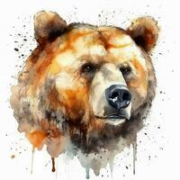 Bear watercolor illustration. Wild forest animal. Portrait. For creating posters, stickers, postcards, prints, sublimations. AI generated photo