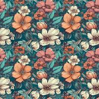 Beautiful floral seamless pattern. Flowers and leaves in hand draw style. Print, background, wallpaper, fabric, digital paper, packaging. AI generated photo