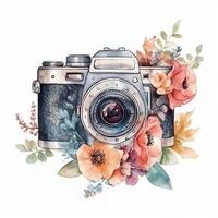 Watercolor photo camera with flowers. Sketch style illustration, hand draw, doodle, retro, vintage. Icon, logo, print, sublimation, clipart. AI generated