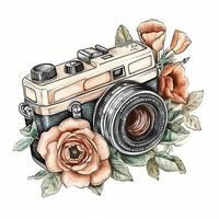 Watercolor photo camera with flowers. Sketch style illustration, hand draw, doodle, retro, vintage. Icon, logo, print, sublimation, clipart.