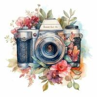 Watercolor photo camera with flowers. Sketch style illustration, hand draw, doodle, retro, vintage. Icon, logo, print, sublimation, clipart. AI generated