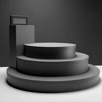 Black round podium for product advertising, stage, pedestal, steps. Image generated by AI photo