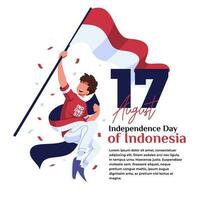 ilustración de el celebracion de indonesio independencia, un contento joven hombre que lleva un bandera palo vector