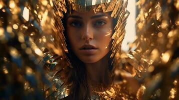 Fashion portrait of a beautiful girl decorated with gold foil. Generative AI photo