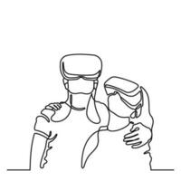 Two women embracing wearing virtual reality glasses device. Metaverse concept. Continuous line. Hand drawn. One line. line art. Logo design. Vector. illustration vector