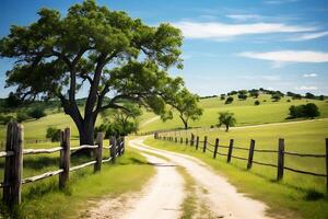 Country road in green field with wooden fence and blue sky with clouds AI Generative photo