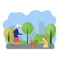 Vector illustration with an old woman walking with a dog and granddaughter in a park outside the city. A girl plays with a dog. Active pensioners on vacation outdoors