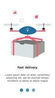 page for mobile application for contactless delivery. The drone flies with the delivery of the parcel. Fast delivery of food, appliances, shopping home. vector