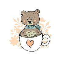 Cute hand drawn bear with hearts seat in the cup. post cards, t-shirts, kids posters. Cartoon vector illustration Scandinavian print for pillows, baby rug or blanket. Modern style poster or home decor