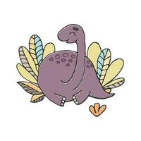 dinosaurio sitios en tropical arbustos joven y púrpura. linda ilustración para Niños y muchachas camiseta huellas dactilares y niños o niños diseño vector