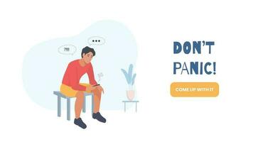 Do not panic banner with a man sitting at the phone and misunderstanding of what is happening. Fall in the currency market, crypto exchanges, war, pandemic, stress and panic vector