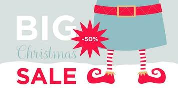 Stock vector illustration with Christmas sale banner. Big discount 50 percent and legs elf. Template for advertising banner, poster, website screen.