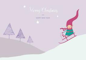 Cute christmas elf in a striped red hat and scarf. Happy Elf rides downhill on a sled. Landscape.Template for merry christmas and new year cards, greetings, banners or posters. vector