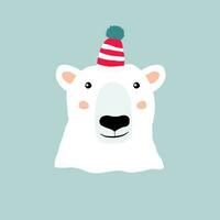 Cute polar bear in a striped red hat swims in the water. Template for merry christmas and new year cards, greetings, banners or posters. vector