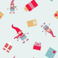 Seamless christmas pattern with elves in striped red hats and gift boxes. Pattern for merry Christmas and New Year cards, wrapping, wrapping paper, gift boxes, stationery and fabrics. vector
