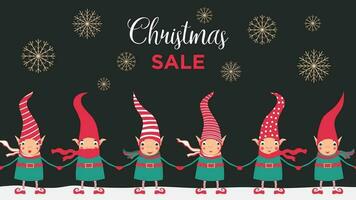 Stock vector illustration with Christmas sale banner. Cute elves invite you to buy gifts for Christmas and New Year. Template for advertising banner, poster, website screen.