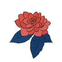 one Camellia flower red and blue. Lush bud isolated on white background. Line art simple botanical, for wedding cards, invitations vector