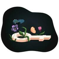 A pink feminist sign lies in the grass, flowers grow around. Bright plants and butterfly. The lost, forgotten symbol is decorated with flowers on dark background. vector