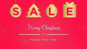 Christmas sale banner. Scribble sale on golden balls, Christmas tree and box on a red background with snowflakes. Template for advertising banner, poster, website screen. vector
