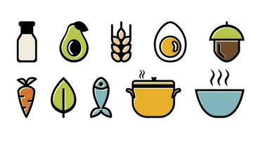 Set of diet icons and ingredient labels in color. Ketogenic, paleolithic, dairy-free, vegetarian, and vegan, fish and nuts, cooking broth and bowl vector