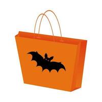 Paper bags for Halloween shopping. Orange packet with bat isolate, vector illustration