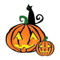 Composition for Halloween two pumpkins and a cat sitting. Primitive drawings decoration for banners and invitations vector