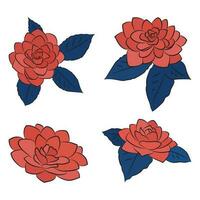 Camellia flowers set of 4 red and blue. Lush bud isolated on white background. Line art simple botanical, for wedding cards, invitations vector